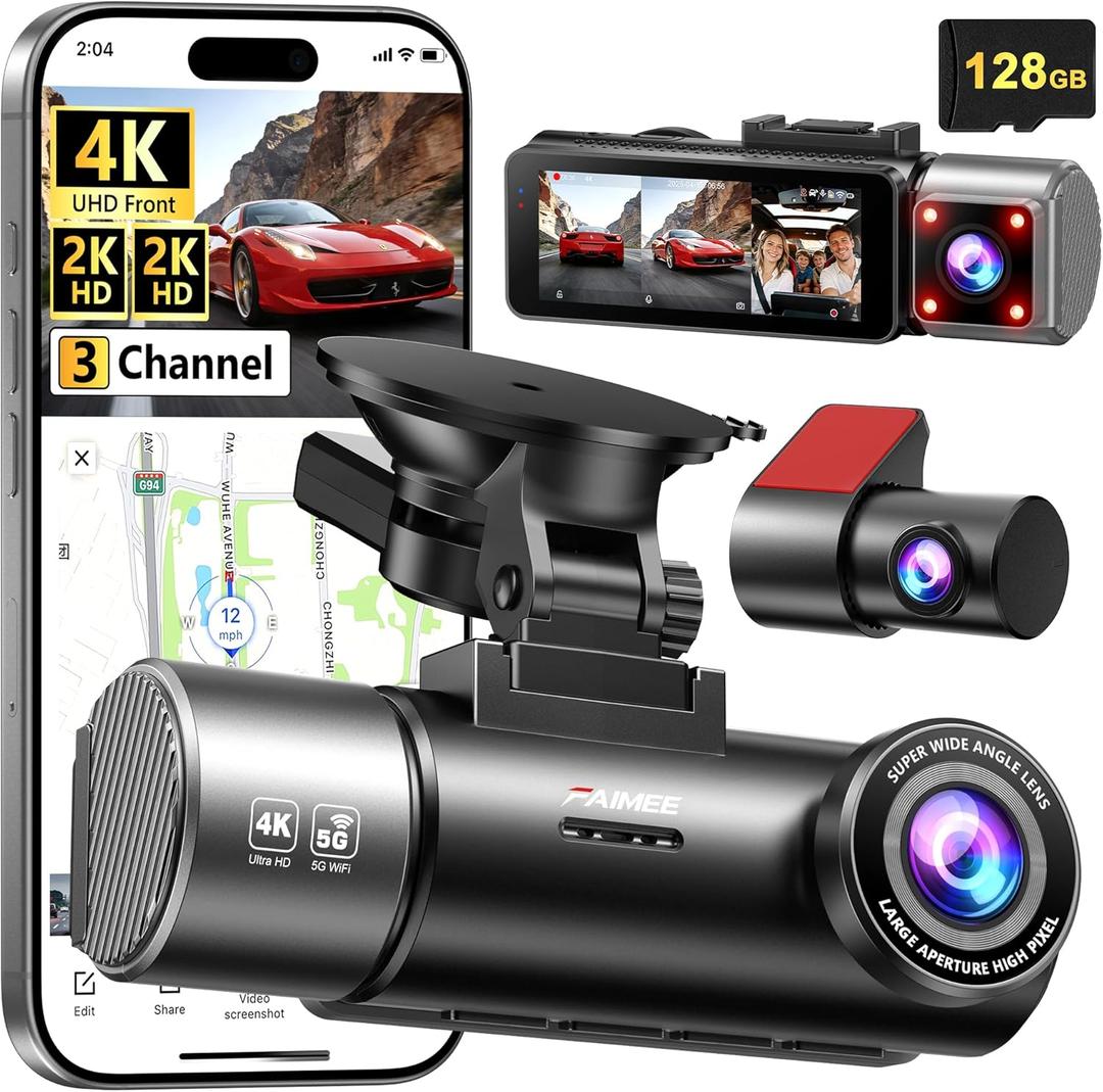 4K+2K+2K 3 Channel Dash Cam Front and Rear, 128GB Card Included, Dash Camera for Cars 5.8G/2.4G Dual Wifi, Built-in GPS, Night Vision, WDR, 170Wide Angle, G-Sensor Emergency Lock, 24H Parking Monitor