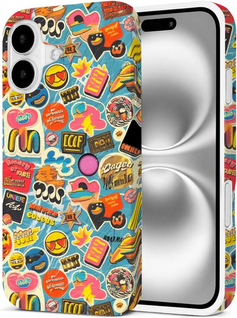 Case Compatible with iPhone 16, Funny Trendy Collage Aesthetic Phone Case for Girls Women Boys Men, Shockproof Protective Phone Cover - Street Sticker Art