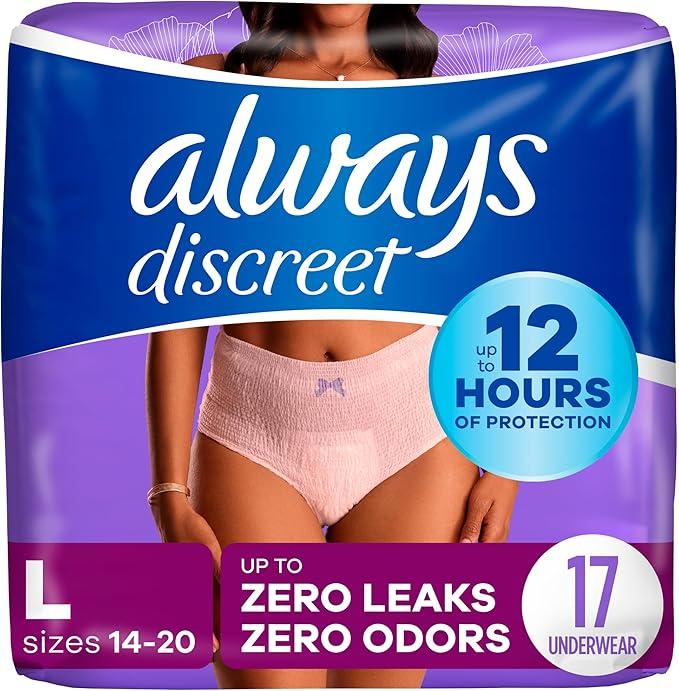 Always Discreet Adult Diapers for Women, Incontinence Underwear, Postpartum Essentials, Disposable Briefs, Max Absorbency, Bladder Leak Protection, Large, 17ct