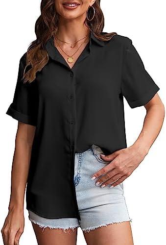 YAMANMAN Women's Button Down Shirt Short Sleeve Classic Collared Blouse Work Office Casual Chiffon Tops, Large