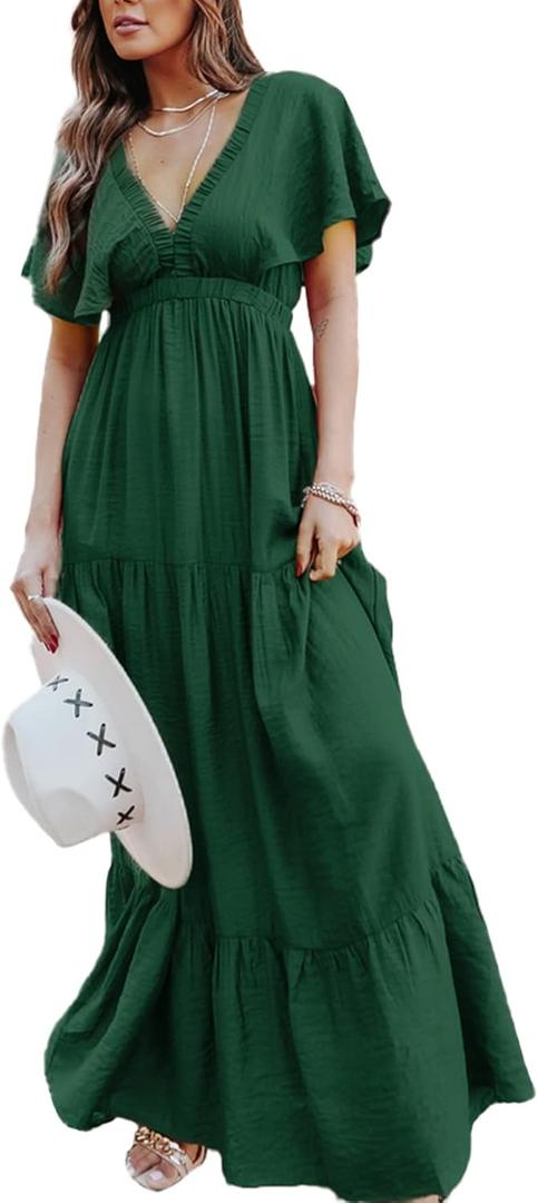 Amegoya Women's Casual Short Sleeve V Neck Floral Maxi Dresses Boho Beach Photoshoot Flowy Ruffle Long Dress (Large, 3-dark Green)