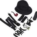 1920s Boys Gangster Costume Set, Hat Suspenders Watch Pipe Bow Tie Glasses, with Adjustable Suspenders, for Dance Parties Retro Dress Up Games (Black)