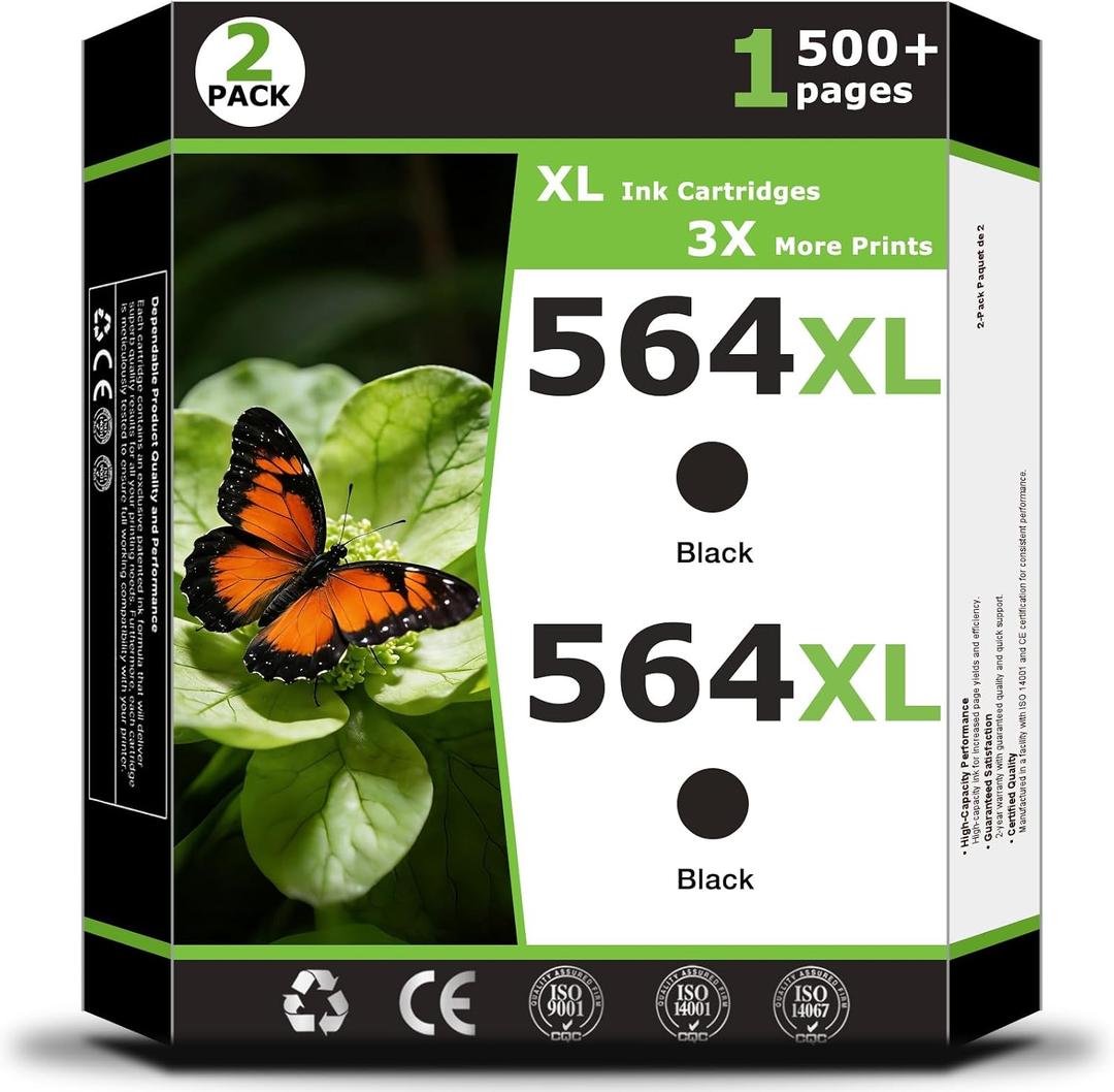 564XL Black Ink Cartridges Compatible for HP564xl for HP 564 XL Printer Ink 564 Black Ink 564 Work with DeskJet 3520 3525 OfficeJet 4620 PhotoSmart B8550 C6350 D5460 D7560 5510 7515 Printer(2 Pack)