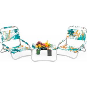 #WEJOY 2 Beach Chairs and Table Set Lightweight & Folding Backpack Beach Chair for Outdoor Beach Lawn Camping Picnic Cyan/Orange Beach Chairs Set