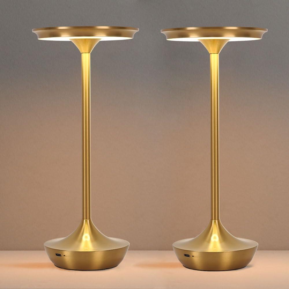Cordless Table Lamp Set of 2,Portable Rechargeable 6000mAh Outdoor LED Table Lamps,3 Color Stepless Dimming Touch Battery Powered Lamp, Table Light for Restaurant/Patio/Camping/Bedroom(Gold)