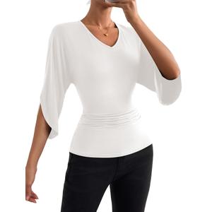 ZAFUL Womens V Neck Tops 3/4 Batwing Sleeve Shirts for Women Summer Dressy Casual Top Flowy Loose Fit Business Work Blouses White M (White, M)