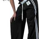 WDIRARA Women's Wide Leg Baggy Sweatpants Side Striped Number Graphic Track Pants with Pockets S, Black