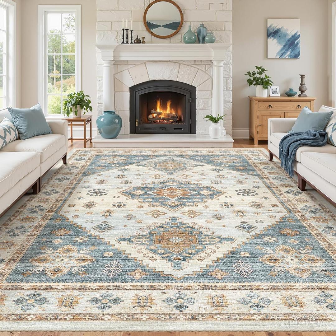 Roxstand Washable Rugs 8x10, Ultra-Thin Non-Slip 8x10 Area Rugs for Living Room, Soft Vintage Large Area Rug, Foldable Farmhouse Bedroom, Dining Room Rug (Blue/Beige, 8'x10')