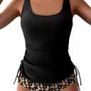 B2prity Tummy Control Tankini Swimsuit for Women Ruched Two Piece Bathing Suit Drawstring Swimwear with Bottom (Large, Black,leopard)