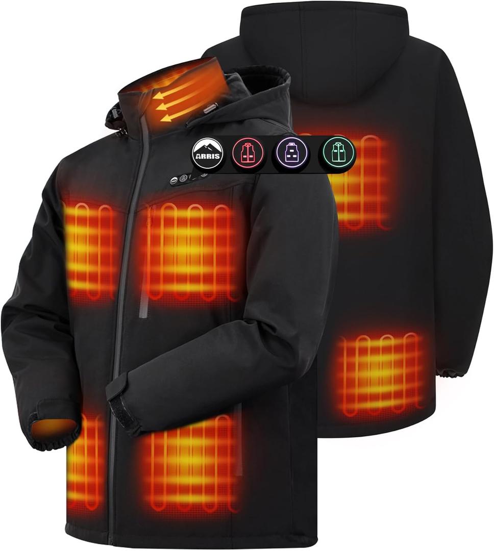 ARRIS Men`s Heated Jacket, Electric Heating Coat with 7.4V Battery and Detachable Hood - Waterproof, 8 Heating Areas (Large)