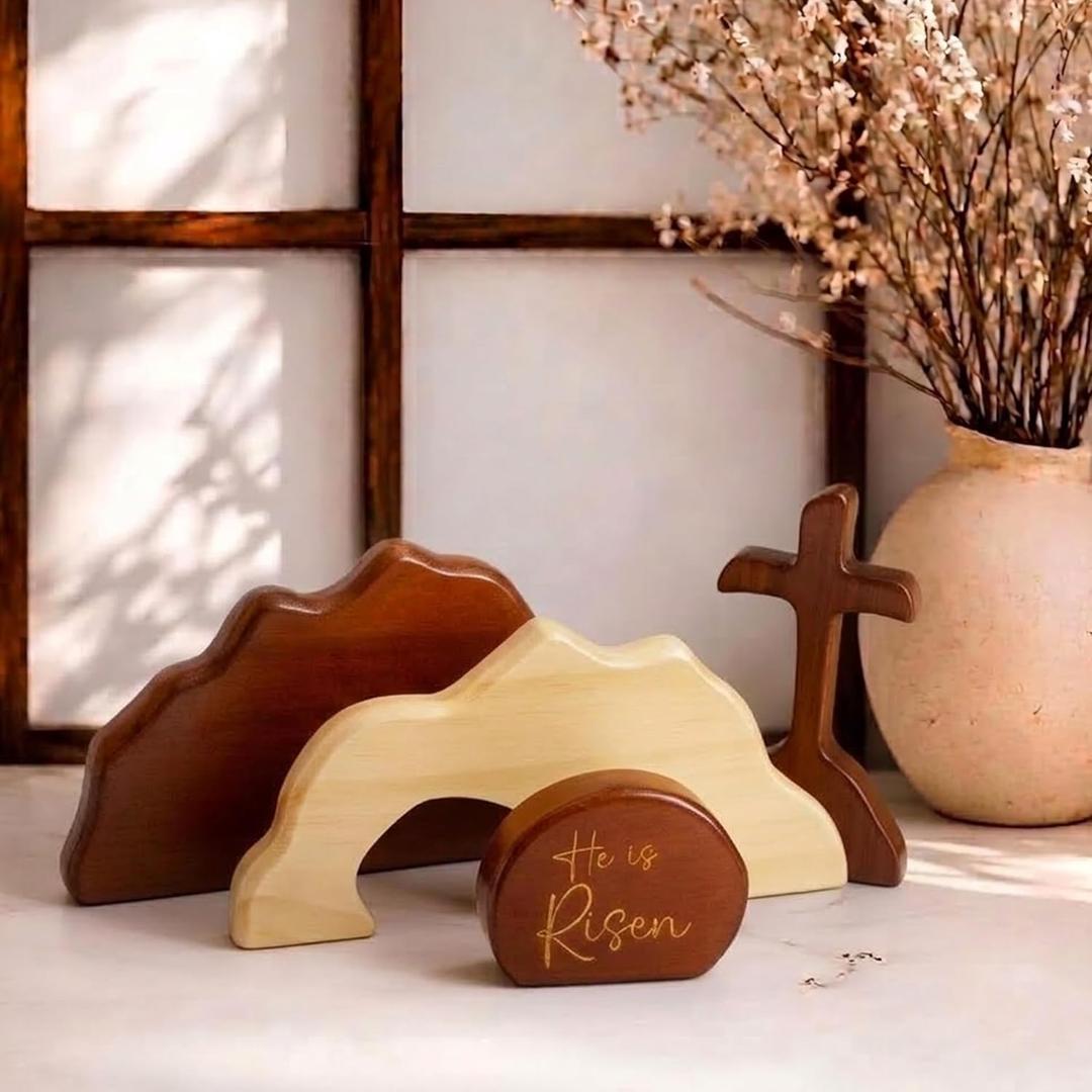 Empty Tomb Scene Spring Easter Decorations, He is Risen Natural Wood Easter Decor, Christian Resurrection Scene, Religious Easter Decorations for Home, Church, Office, He is Risen Table Decor Gifts