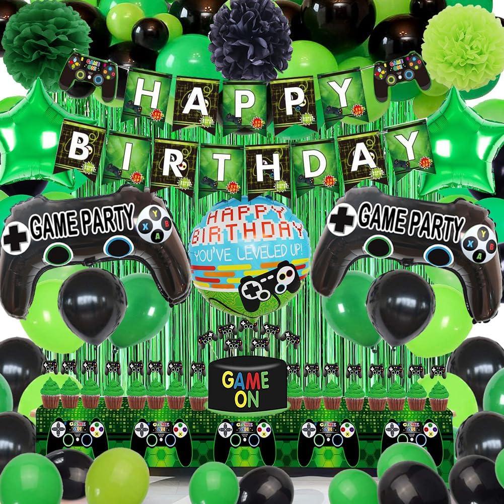 Video Game Party Decorations Set  Gamer Theme Supplies with Foil Balloons, Tablecloth, Foil Curtain, Cake Toppers, Banner, Tissue Paper Pom Poms for Boys & Kids (Green)