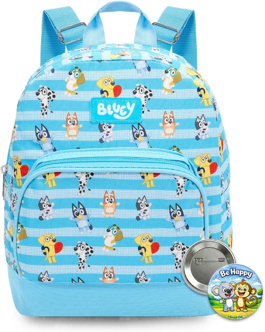 Bluey Mini Backpack - 10" Iconic Woven Small Backpack with Front Pocket and Button Bundle | Adjusts to Fit Kids, Toddlers, Teens, Adults, Boys, Girls