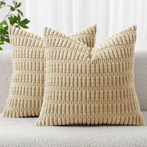MIULEE Pack of 2 Corduroy Decorative Euro Sham Throw Pillow Covers 24x24 Inch Soft Boho Striped Pillow Covers Modern Farmhouse Home Decor for Sofa Living Room Couch Bed Tan