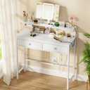 Small Vanity Desk with Rotating Mirror & Power Outlets, 31.5"W Makeup Table, 2 Drawers