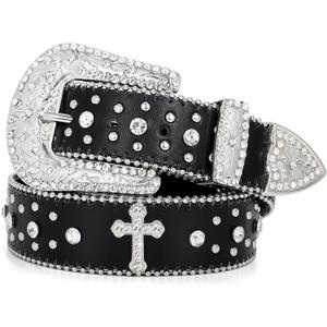 Rhinestone Belt for Men Women, Western Cowboy Cowgirl Belts Bling Leather Belt With Cross and Diamond for Jeans (S for Waist 26"-31", Black)