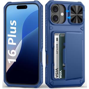 for iPhone 16 Plus Case with Card Holder (4-5 Cards), Slide Camera Cover, Military Grade Drop & RFID Protection, Shockproof Heavy Duty Rugged Women Men Wallet Phone Case for iPhone 16 Plus, Blue