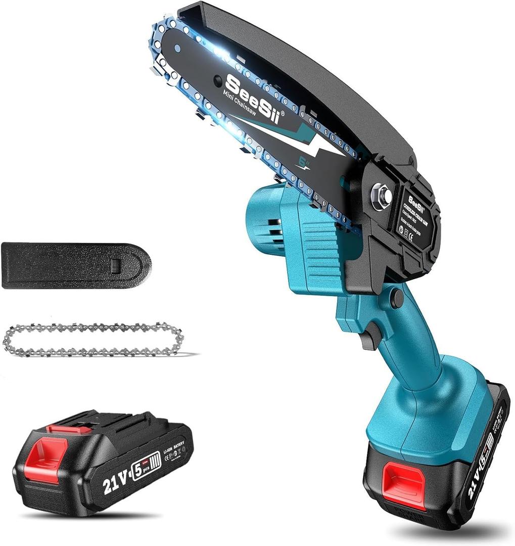 Seesii Mini Chainsaw, 6-inch Mini Chainsaw Cordless, Handheld Electric Power Chain Saw with Battery, for Tree Trimming Wood Cutting,Gifts for Father, Dad, Husband, Men (Blue)
