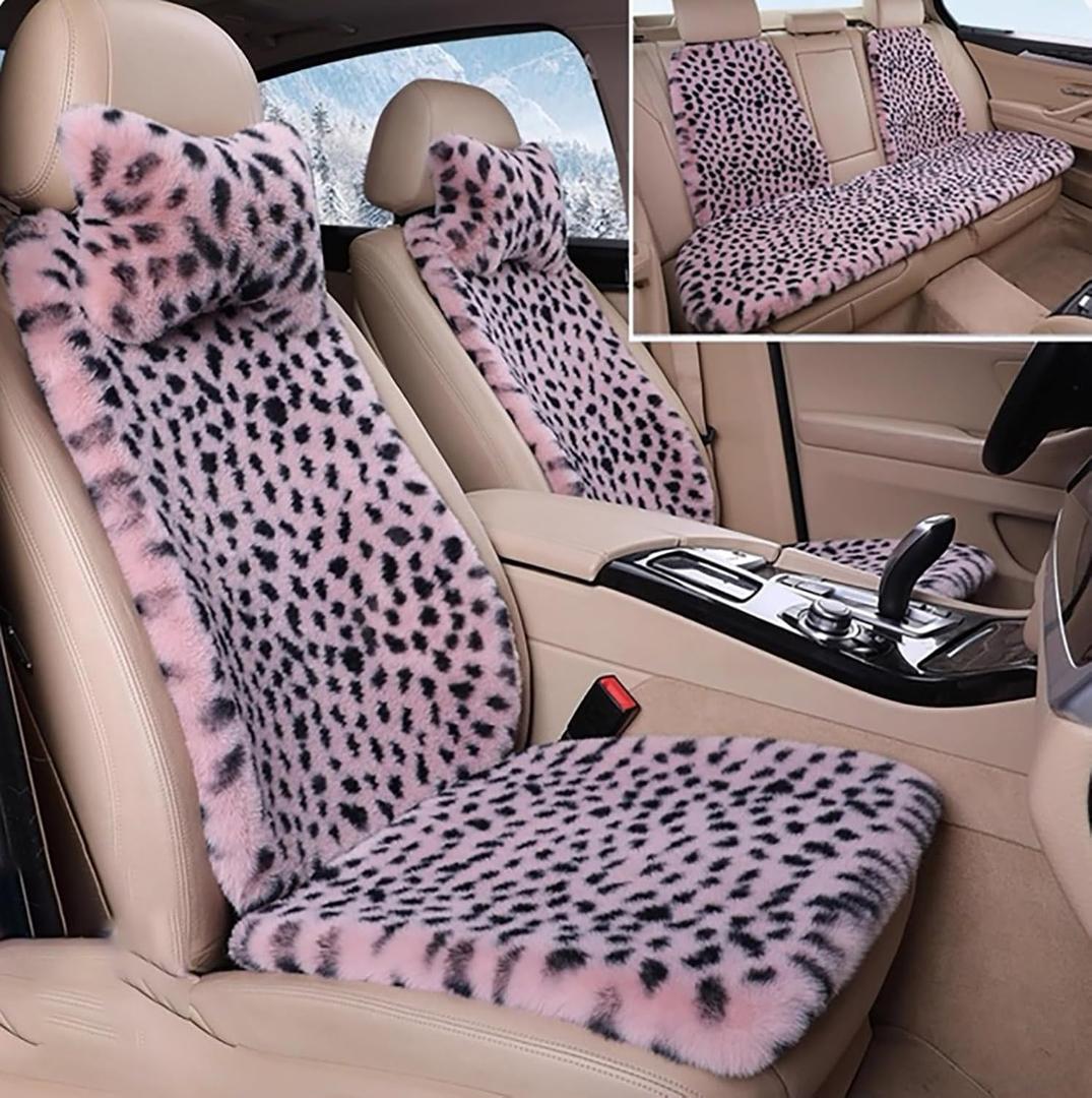 Fluffy Leopard Car Seat Cover 9Pcs Universal Anti-Slip Faux Bunny Fur Plush Auto Seat Cover for Car Pickup SUV (Pink Leopard Dots, 9Pcs)