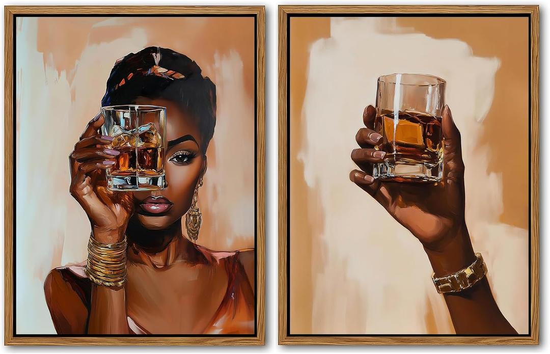 African American Women Canvas Wall Art Abstract Black Girl Wall Decor Afro Girl Wine Whisky Canvas Prints Set of 2 Modern Aesthetic Pictures Decor for Living Room Bedroom Bar, 12x16 Inch Unframed 2Pcs
