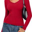 REORIA Womens Long Sleeve Shirts 2025 Fall Trendy Deep V Neck Slim Fit Basic Tops Casual Going Out Top Tee Blouse (XS)