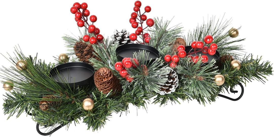 Lvydec Christmas Candle Holder Centerpiece - Pine Cones and Red Berry Table Centerpiece with 3 Candle Holders for Festival Table Home Decoration (Green, Red, Gold)