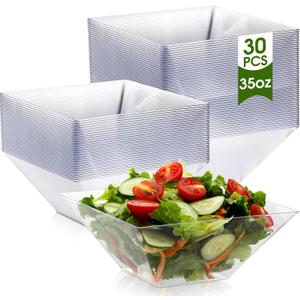Tioncy 30 Pcs Square Plastic Serving Bowls, Medium Salad Fluted Plastic 35 oz Disposable Serving Bowls Containers for Parties, Snack, Buffet, Chips(Clear,Classic)