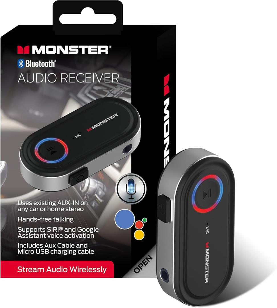 Monster Bluetooth Receiver for Car and Home, Bluetooth Car Adapter Audio Receiver with 3.5mm Aux, Microphone, Google Voice & Siri Compatible, Hands-Free Calls, for Headphones Speakers Vehicles Planes