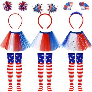 Shyyween 9pcs 4th of July Tutu Set for Women Red White and Blue Tutu Stars Skirts 4th of July and Headband Striped Socks Patriotic Costume Outfits Accessories for Independence Day Cosplay Party (XS)