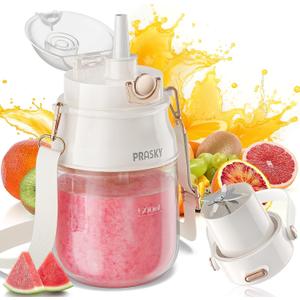 Portable Blender, Prasky Personal Blenders for Shakes and Smoothies with 27oz Cup, Lid and Shoulder Strap, Type-C USB Rechargeable, Personal Size Blenders BPA-free for Travel/Kitchen(White)