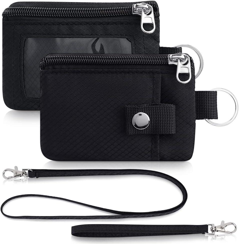 Minimalist Wallet For Mens Womens, Keychain RFID Blocking Zipper Small Wallet with ID Window 2 Lanyards,Water Resistant Travel Cash Card Coin Case Boys Girls (Black)