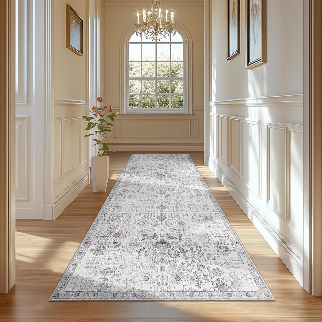 jinchan Runner Rug 3x8 Washable Hallway Rug Vintage Indoor Thin Retro Floor Cover Distressed Gray Floral Country Lightweight Non Slip Carpet for Entryway Bathroom Kitchen Bedroom Living Room Grey