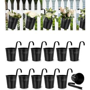 6 Inch Railing Planter for Outdoor Plants - 12 Pack Small Balcony Hanging Flower Pots with Detachable Hooks and Drain Holes Metal Oval Bucket Rail Box Fence Planters for Home Garden Decor, Black