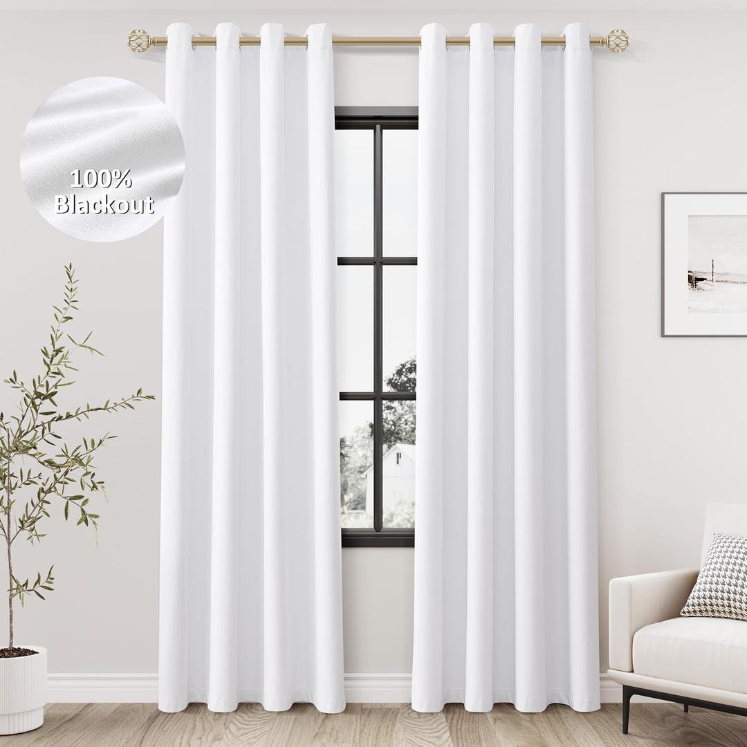 White Linen Blackout Curtains 84 Length 2 Panels Set for Living Room Bedroom, 100% Black Out Thermal Insulated Linen Drapes, Room Darkening Grommet Curtains 84 Inches Long