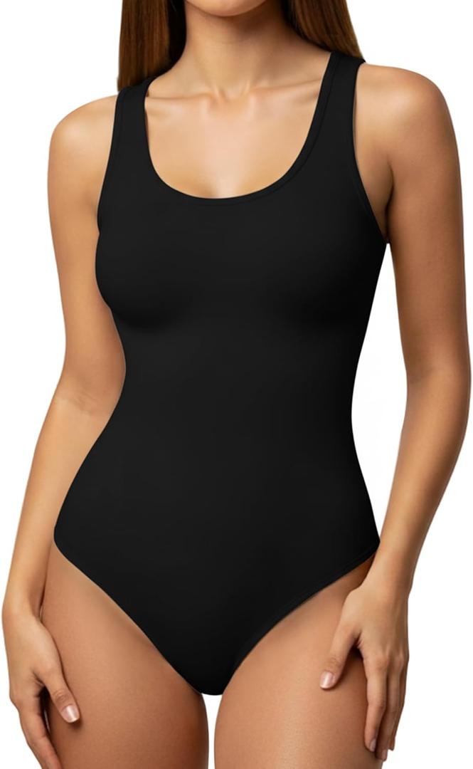 YOGINGO Women's Scoop Neck Sleeveless Bodysuits Backless Tank Top Body Suits for Womens Sexy Bodysuit Tops Leotards (Medium, Black)
