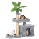 31.5" Cat Tree Tower for Indoor with Green Leaves, Cat Condo Cozy Plush with Hang Ball and Leaf Shape Design, Cat Furniture Pet House with Scratching Posts, Grey