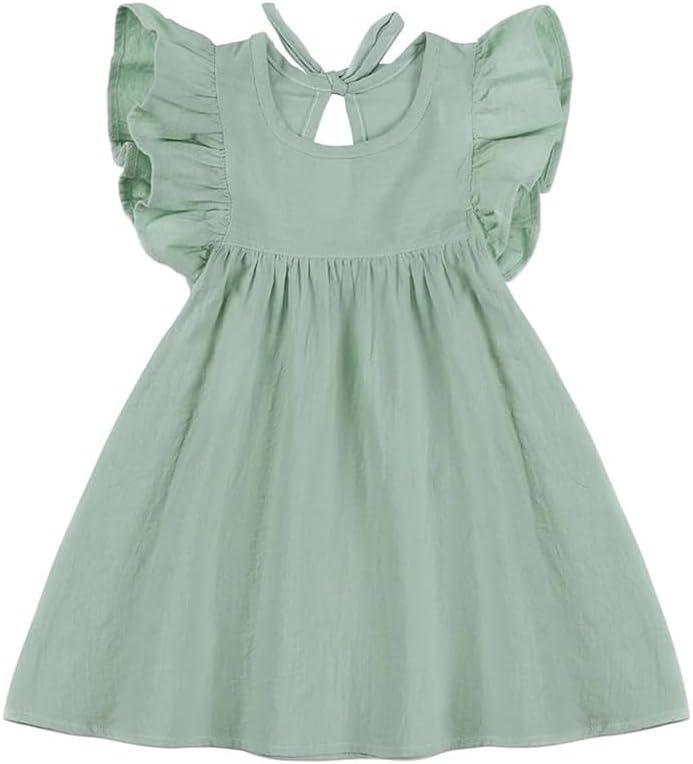 Toddler Baby Girl Playwear Dresses: Cotton Linen Summer Dress, Ruffle Sleeveless Dresses (2T, Green)