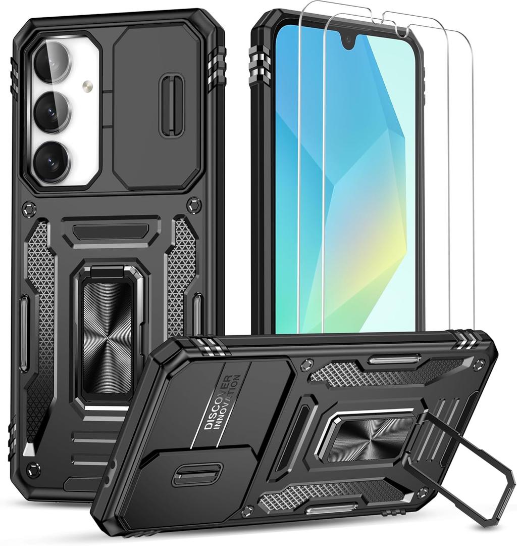 for Samsung Galaxy A17 5G Case with Slide Camera Cover + Screen Protector(2 Packs), Rotated Ring Kickstand Military Grade Shockproof Protective Cover (Black)
