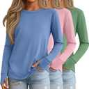 3 Pack Girls' Long Sleeve Shirts with Thumb Holes Cotton Crew Neck Layering Tees Casual Basic Soft Tops (5-6 Years, Green, Pink, Sky Blue)