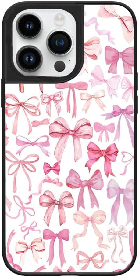 Case for iPhone 16 Pro, Trendy Aesthetic Pink Ribbon Bow Pattern Print, Glossy Hard PC Back Soft TPU Bumper, Slim Shockproof Anti-Scratch Cover for Teen Girls Women