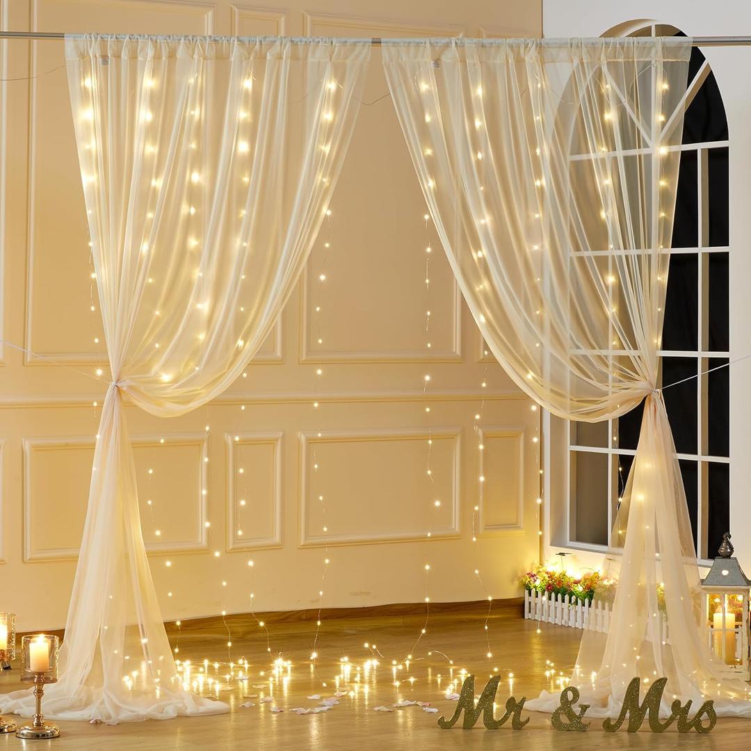 Champagne Sheer Curtains with Lights String Tulle Curtain for Living Room Bedroom Parites Wedding Birthday Decorations 2 Panels 60" W84 L