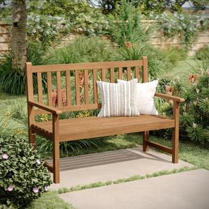 Flash Furniture Adele Commercial Indoor/Outdoor Acacia Wood Bench, 2 -Person Slatted Patio Loveseat, for Use in Yard, Garden, Porch, or Park, Brown