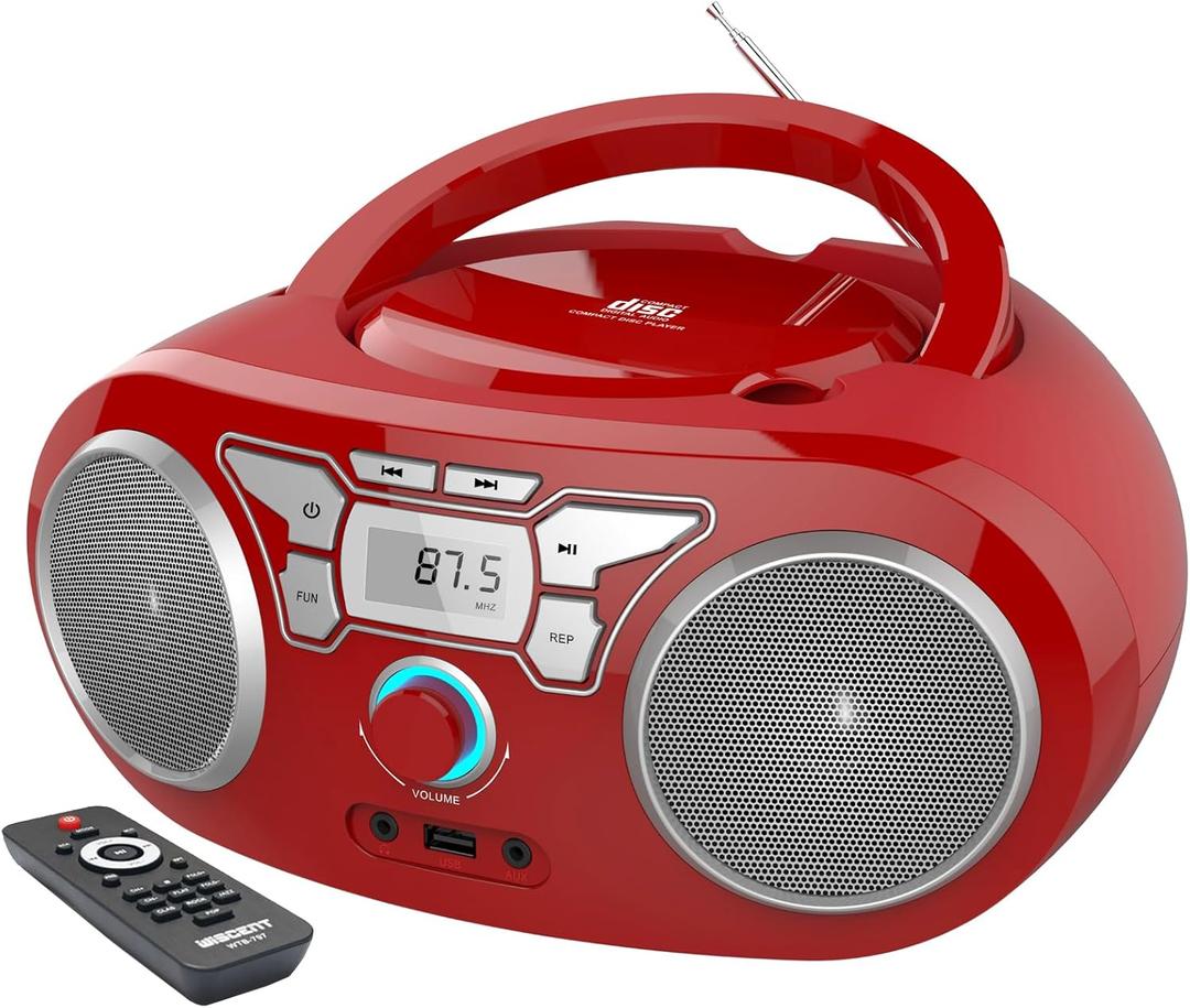 Portable CD Player Boombox with Bluetooth, FM Radio, USB Input, 3.5mm AUX and Headphone Jack, Clear Stereo Sound