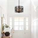 12.6'' Farmhouse Chandeliers for Dining Room, 3-Light Industrial Metal Hanging Light Fixture, Rustic Drum Pendant Light for Entryway Kitchen Foyer Bedroom, Black with Retro Wood Texture Interior