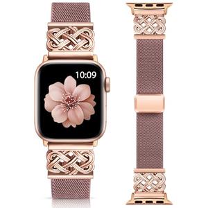 Minyee Magnetic Stretchy Band Compatible with Apple Watch Bands 38/40/41/42mm Women Men, Celtic Knot Soft Elastic Nylon Strap for iWatch Series 11 10 9 8 7 6 5 4 SE/Ultra 3 2 1,Smoke Violet/Rose Gold
