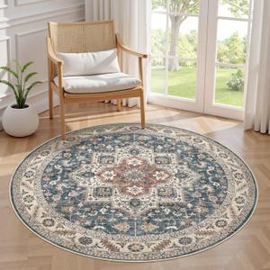 5ft Round Vintage Living Room Area Rug - 5x5 Large Soft Washable Oriental Traditional Distressed Farmhouse Rugs for Bedroom - Indoor Floor Accent Carpet for Home Office House Decor - Vintage Blue