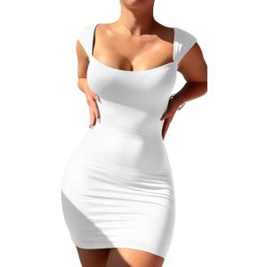 BEAGIMEG Women's Sexy Bodycon Sleeveless Wide Straps Basic Solid Club Party Mini Dress (Medium, White)