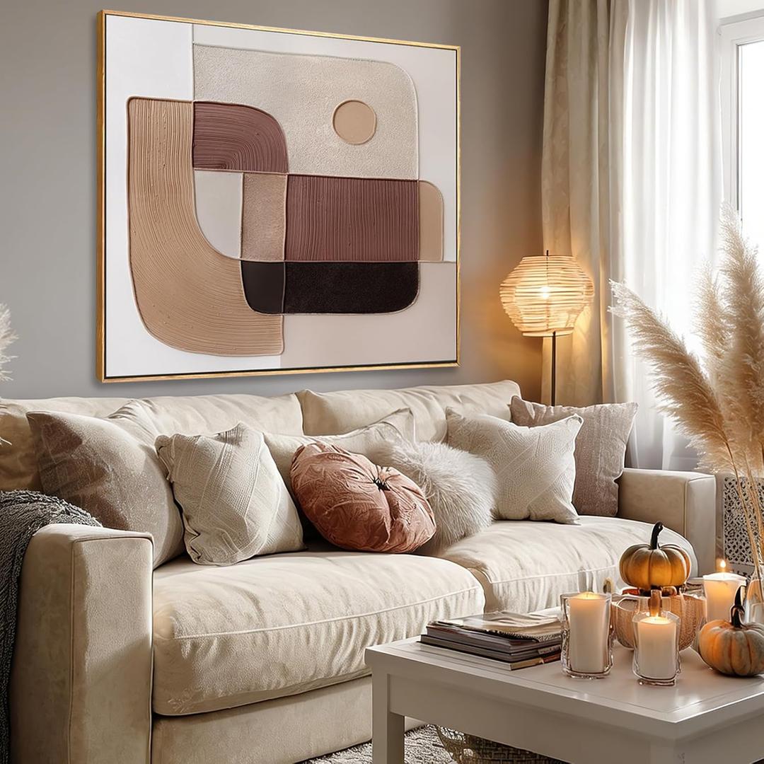Earth Tone Beige Brown Abstract Wall Art, Mid Century Geometric Oil Painting, Framed Organic Shape Artwork for Living Room Bedroom Office 40x40 Inch