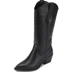 Monrovia Western Cowgirl Boots for Women, Wide Calf, Low Block heels, Pointed Toe, Embroidered, Chunky Heel Mid Calf Cowboy Boots   8.5
