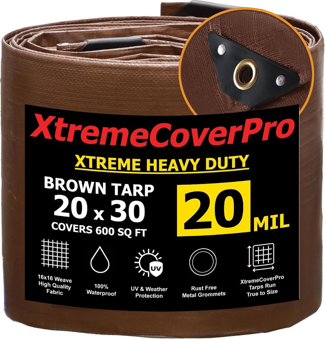 20' x 30' Brown Tarp - 20mil Waterproof & UV Protection Brass Grommets Reinforced Corners Heavy Duty 20x30 ft for Outdoor Rain Camping Tent Greenhouse roof Leak Ground Cover Leakproof Shade